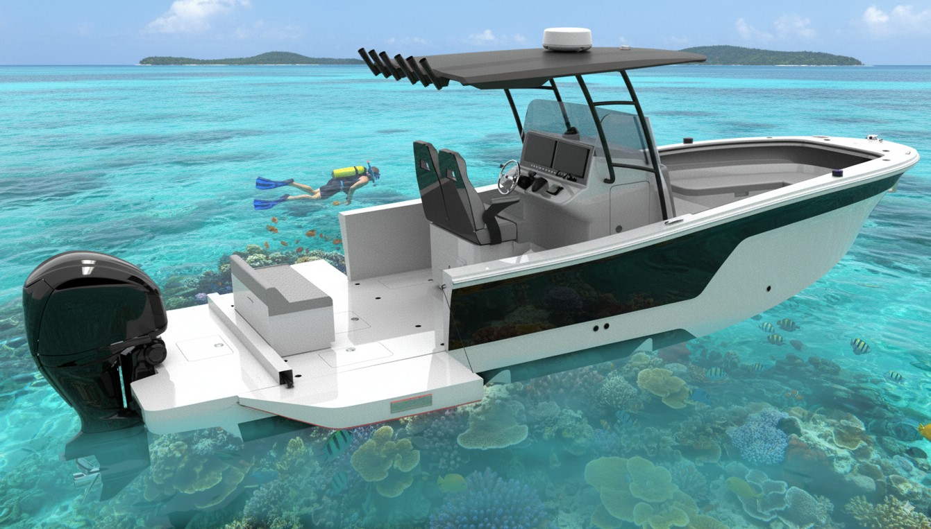 The folding terrace on both sides and also Stern add to the sleek layout and versatile nature of the Eagle 25.